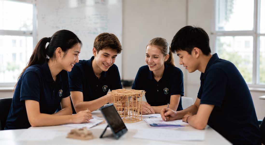 国际学校学生围坐研讨跨学科项目模型
